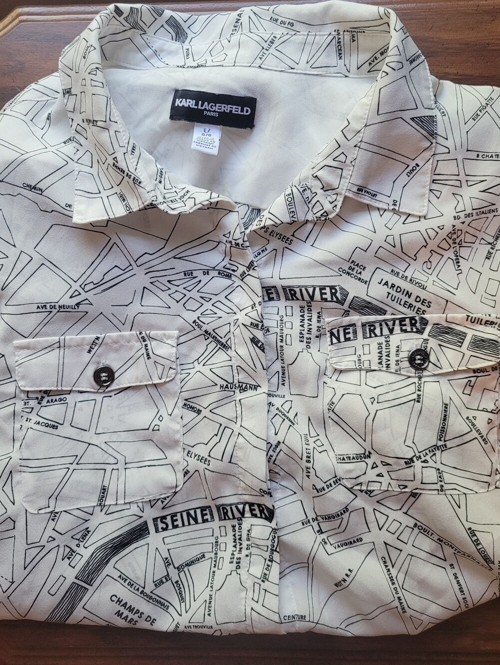 Karl Lagerfeld Paris Map Print Long Sleeve Point Collar Blouse Office Travel